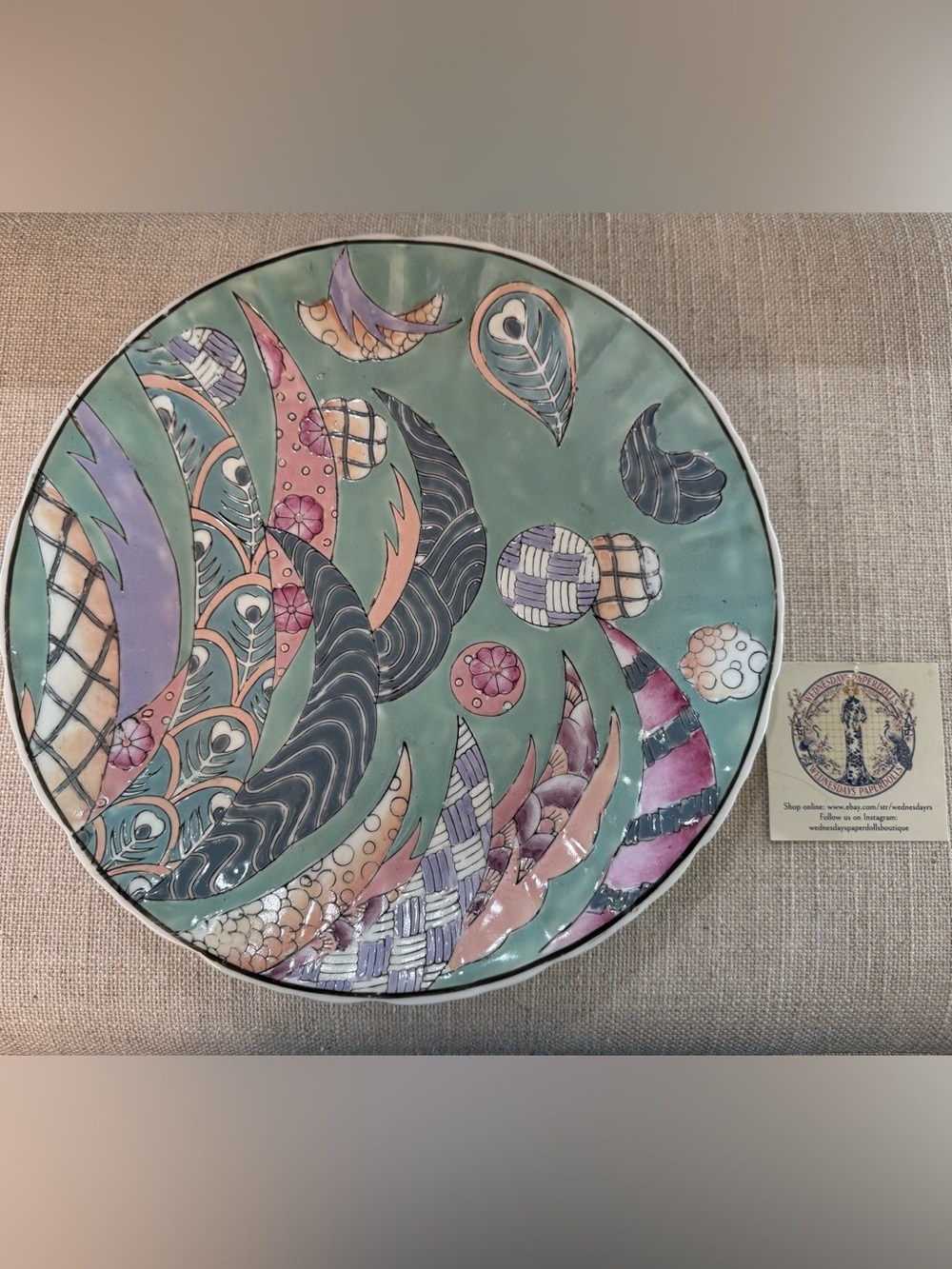 Hand Painted Porcelain Plate Abstract Pastel Leaves Balls Asian Style Art